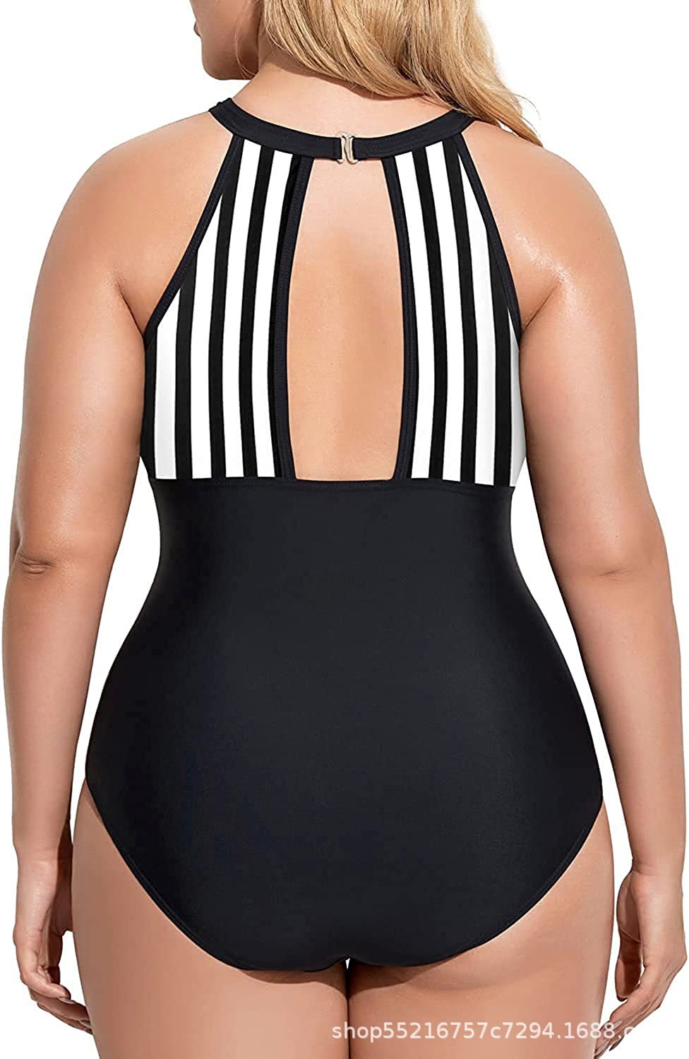 Women Plus Size One Piece Swimsuit High Neck Plunge Mesh Cut Out Bathing Suits